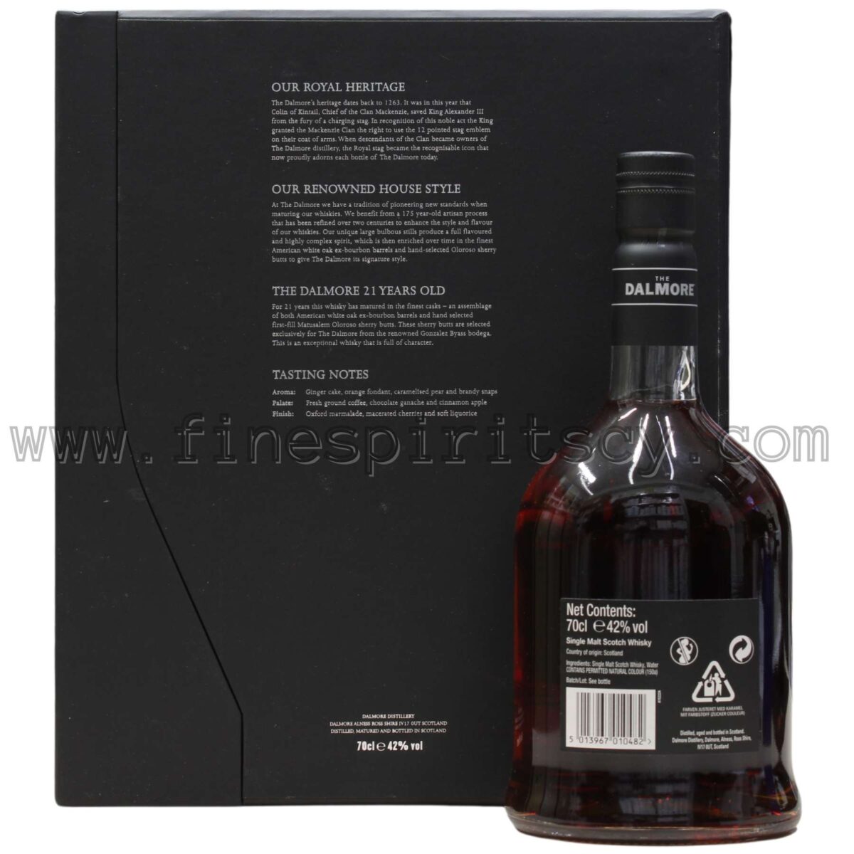The Dalmore 21 Year Old Scotch Whisky Box Bottle Back Rear Side Tasting Notes
