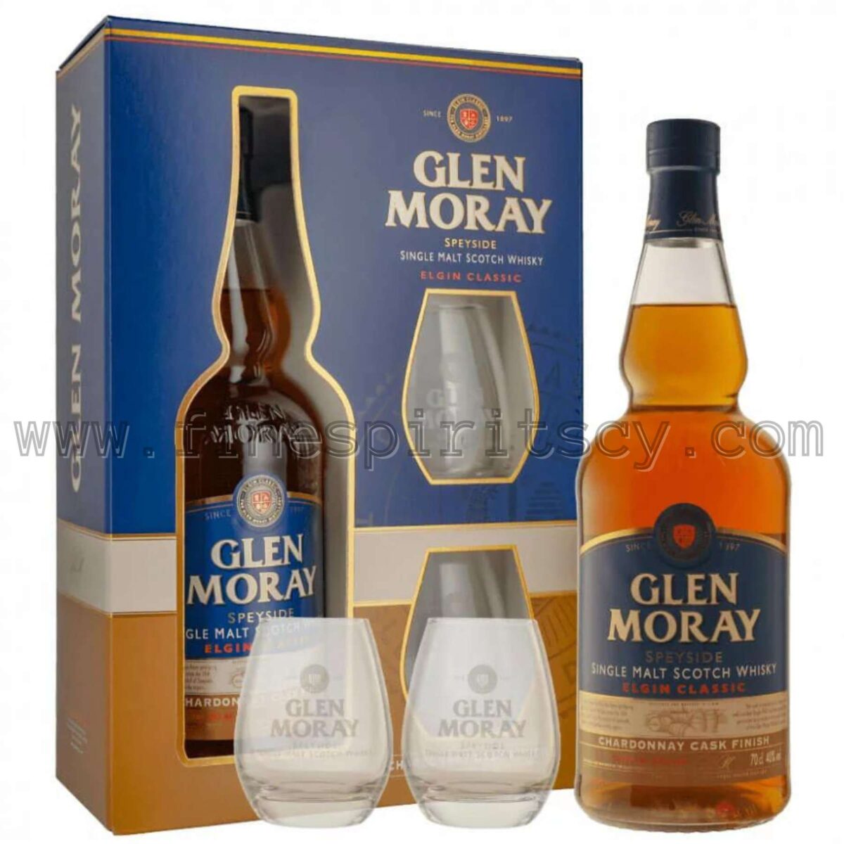 Glen Moray Chardonnay Cask Finish Gift Box Set 2 Two Glasses Cyprus Price FSCY