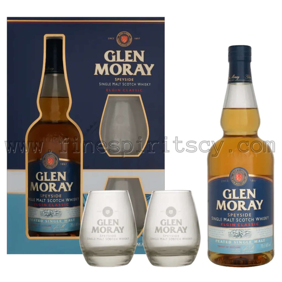 Glen Moray Peated Cask Finish Gift Box Set 2 Two Glasses Cyprus Price FSCY