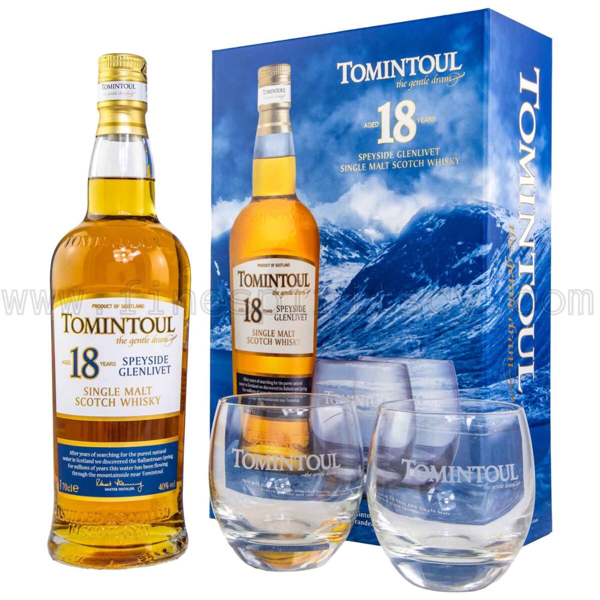 Tomintoul 18 Year Old 700ml 70cl 0.7L With 2 Two Glass Glasses Tumblers Branded