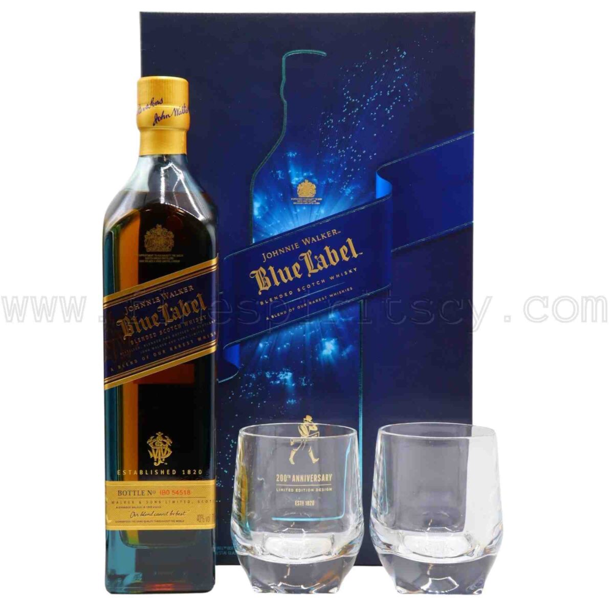 Johnnie Walker Blue Label 200th Anniversary Gift Set With 2 Two Crystal Glasses Tumblers 700ml 70cl 0.7L