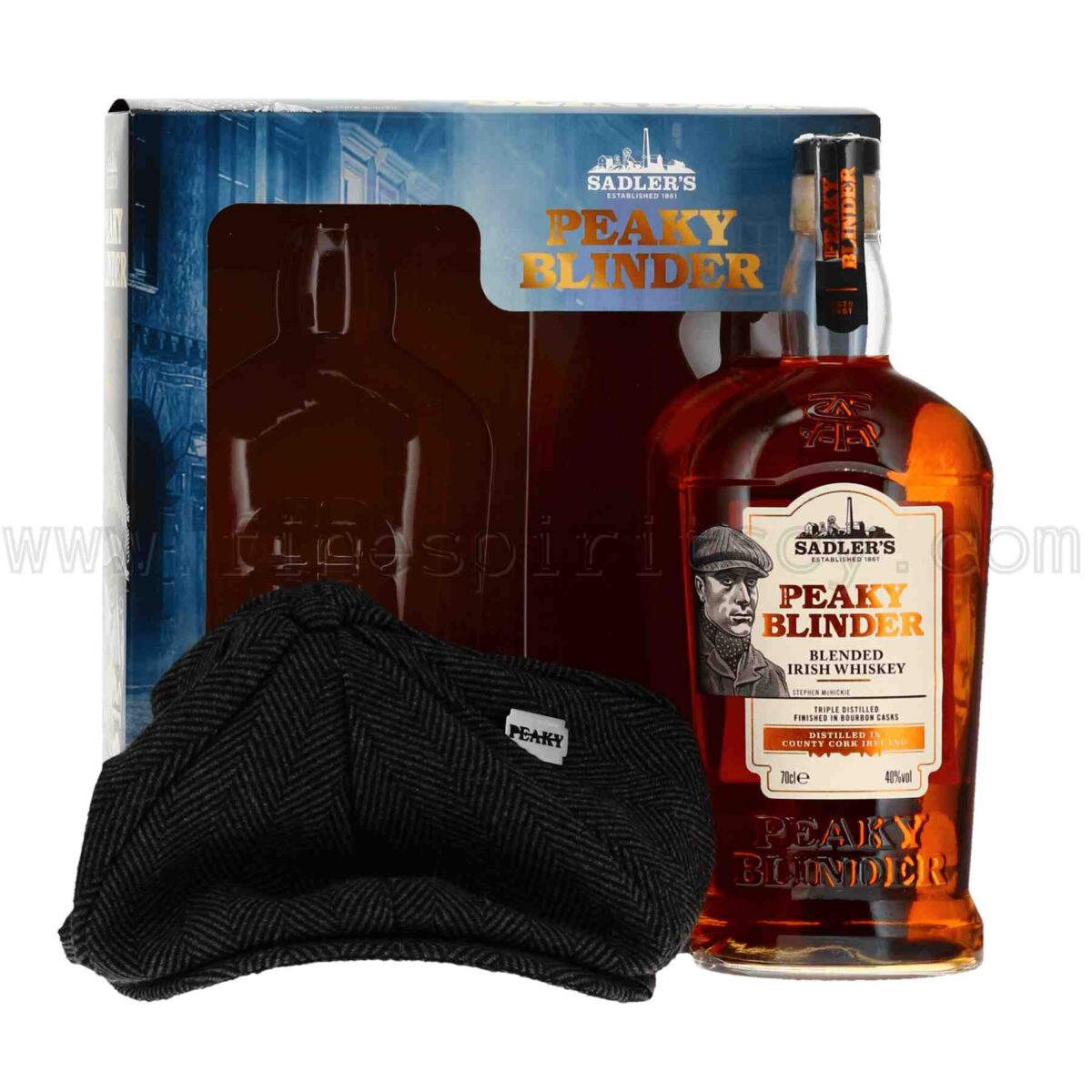 Peaky Blinder Irish Whiskey With Gatsby Flat Cap And Peaky Pin Blade 700ml 70cl 0.7L