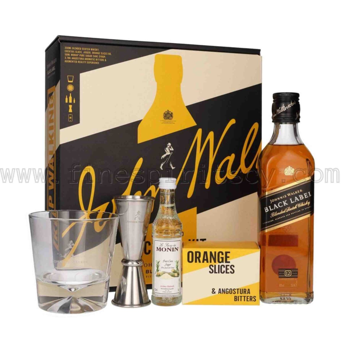 Johnnie Walker classic Old Fashioned cocktail. a 350ml bottle of Johnnie Walker Black Label 12 Year Old, a 50ml bottle of Monin Sugar Syrup, a jigger to measure your liquids in, a glass to pour them into, plus orange slices and Angostura Bitters