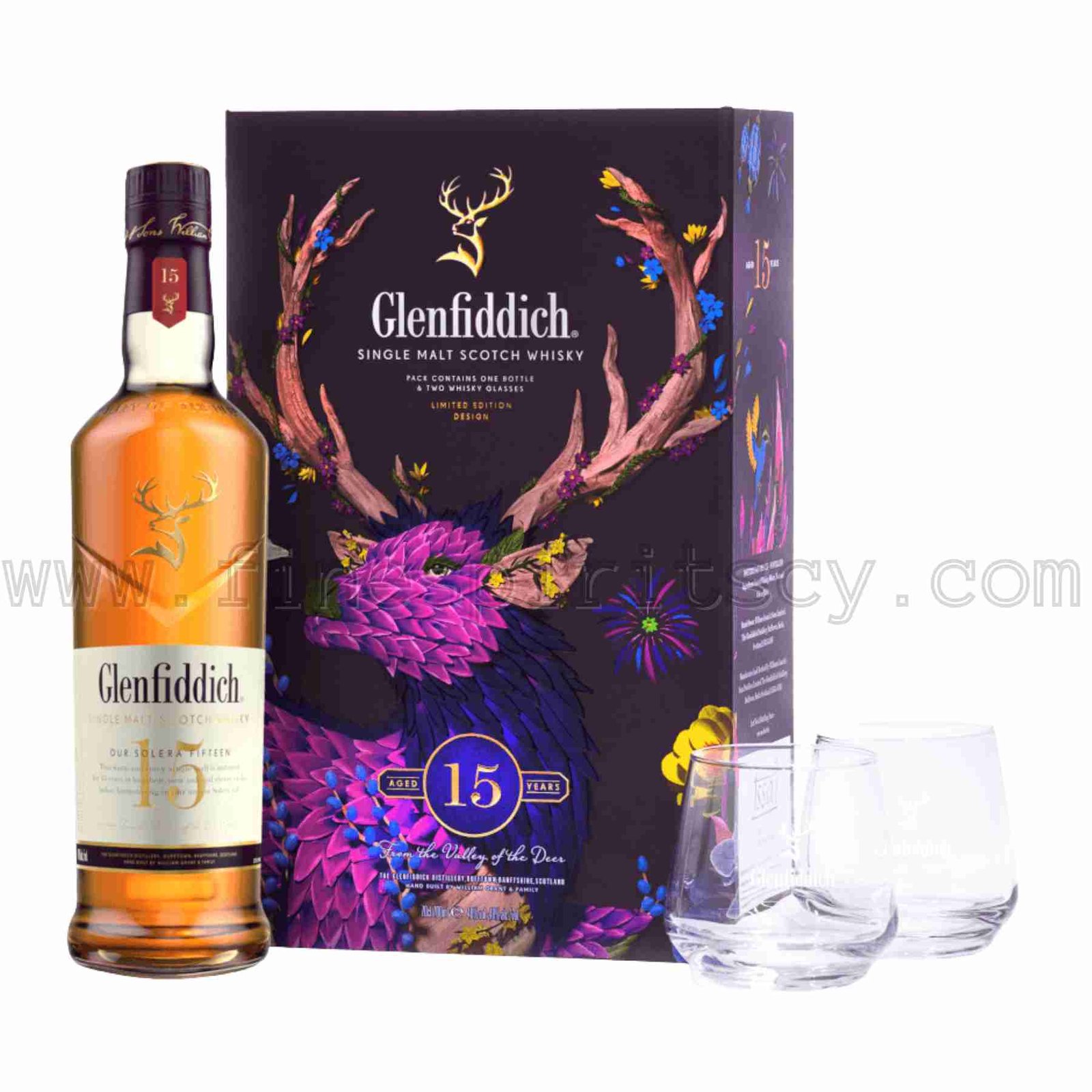 Glenfiddich 15Y + 2 Glasses 2024 FSCY The Glenfiddich 15 Year Old Chinese Lunar New Year 2024 Raku Inoue 700ml 70cl 0.7L Gift Pack Set 2 Two Glencairn Glasses