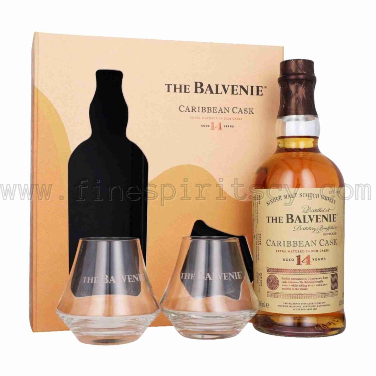 Balvenie 14 Year Old Caribbean Cask + 2 Two Glass Glasses Gift Set Rum Seasoned Casks Whisky Barrel 700ml 70cl 0.7L