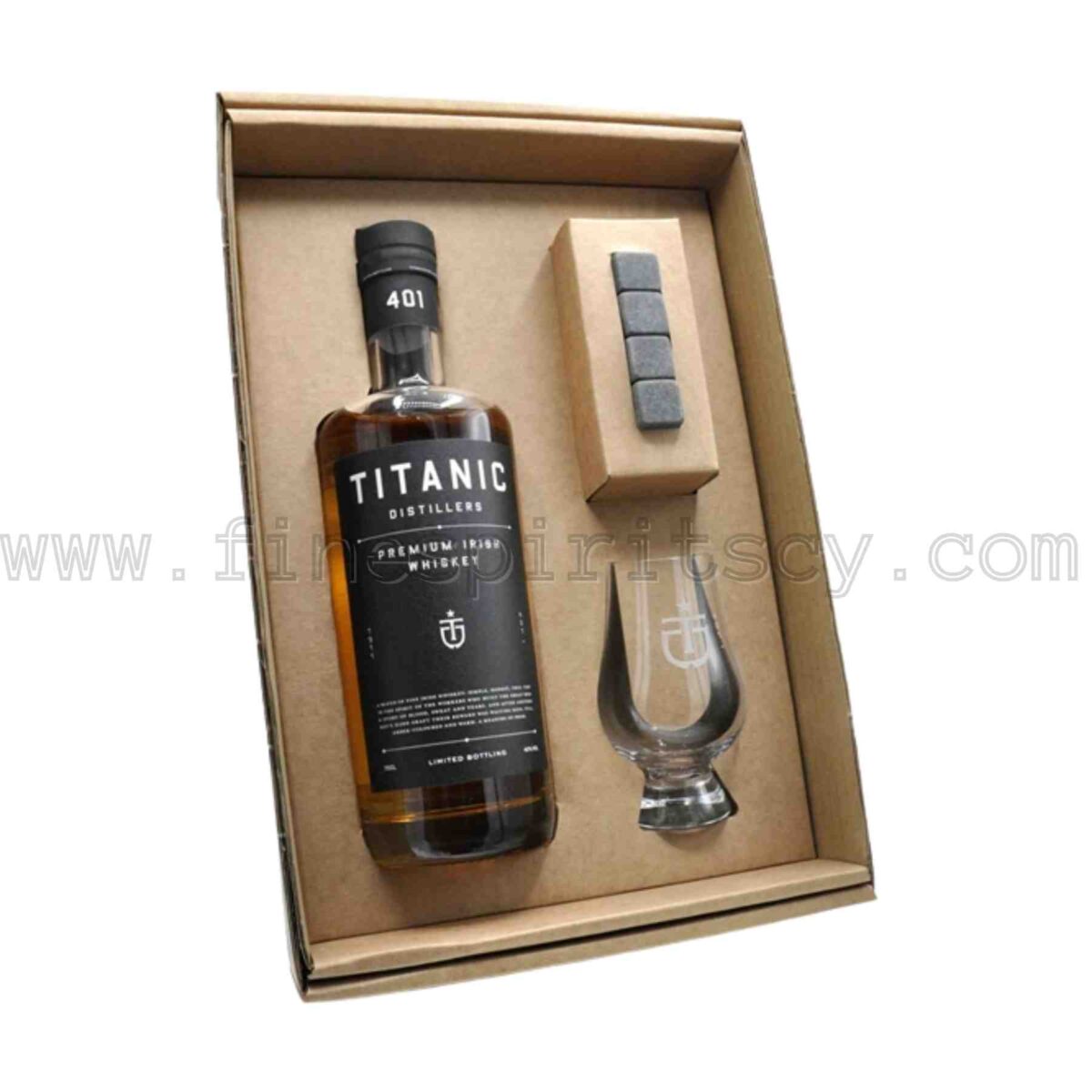 Titanic Distillers Premium Irish Whiskey Collector’s Edition Box Set + nosing glencairn glass and with 4 rocks ice granite stones