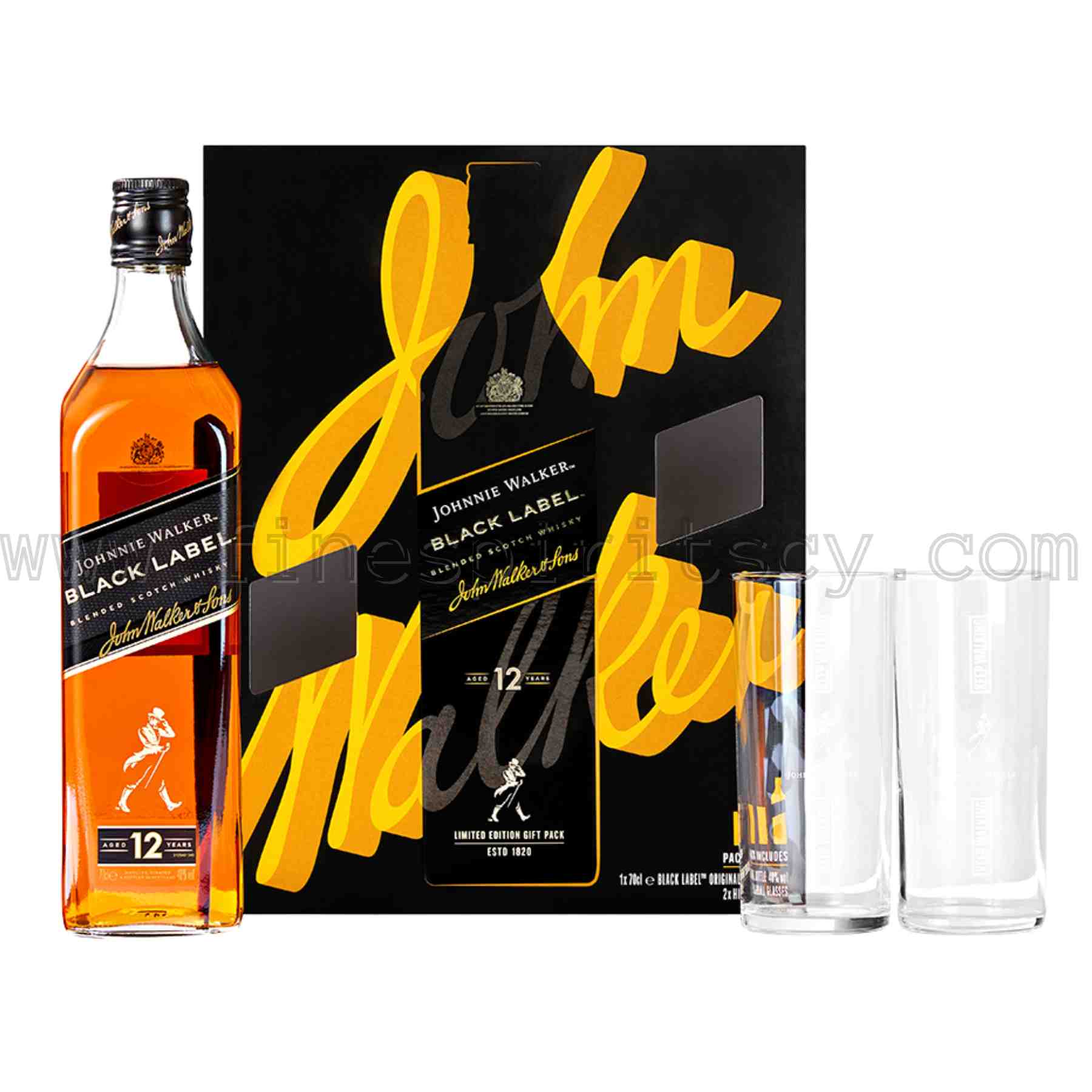 JW Black Label 2 Tall Glasses FSCY Johnnie Walker Black Label Gift Set Pack Idea With 2 Two Tall Cocktail Glasses 700ml 70cl 0.7L