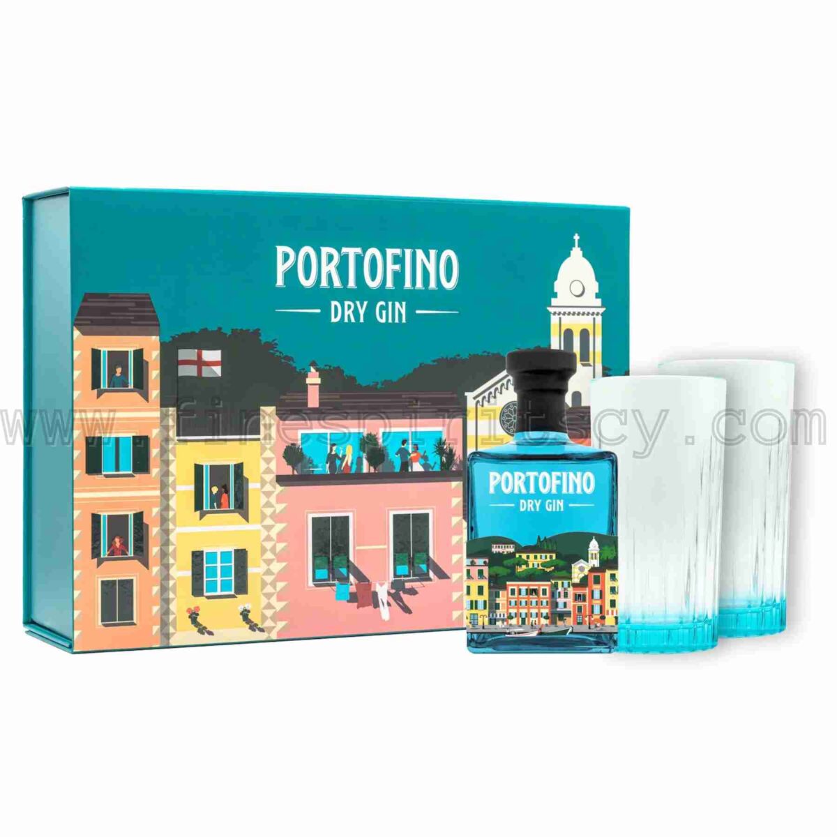 Portofino London Dry 500ml 50cl 0.5L half liter litre Gift Pack Set Box With 2 Two Glasses