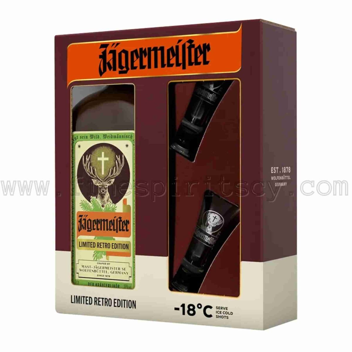 Jagermeister Retro Edition Limited Bottle + 2 Glass Shot Glasses 700ml 70cl 0.7L