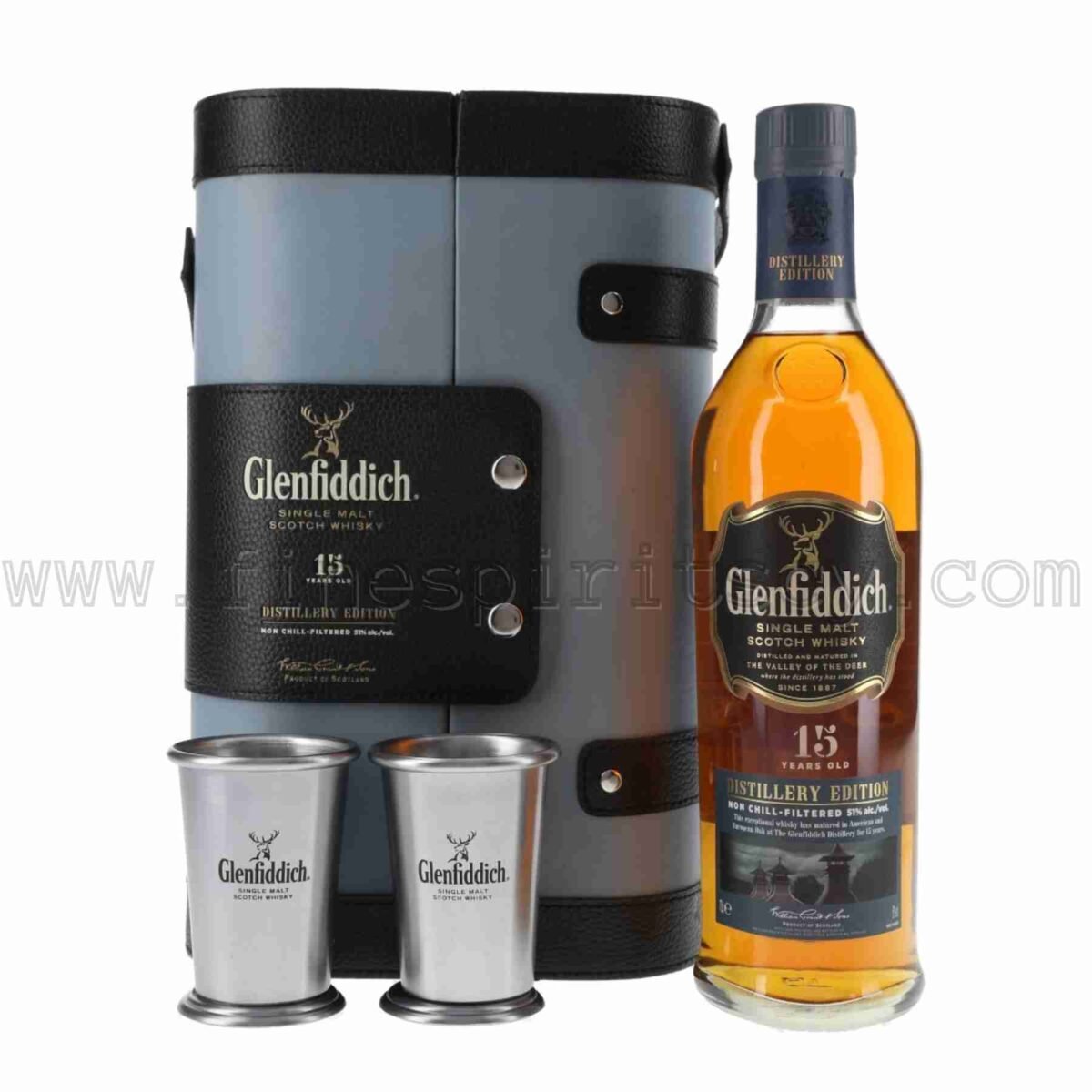 Glenfiddich 15 Year Old Distillery Edition gift set with 2 metal cups 700ml 70cl 0.7L