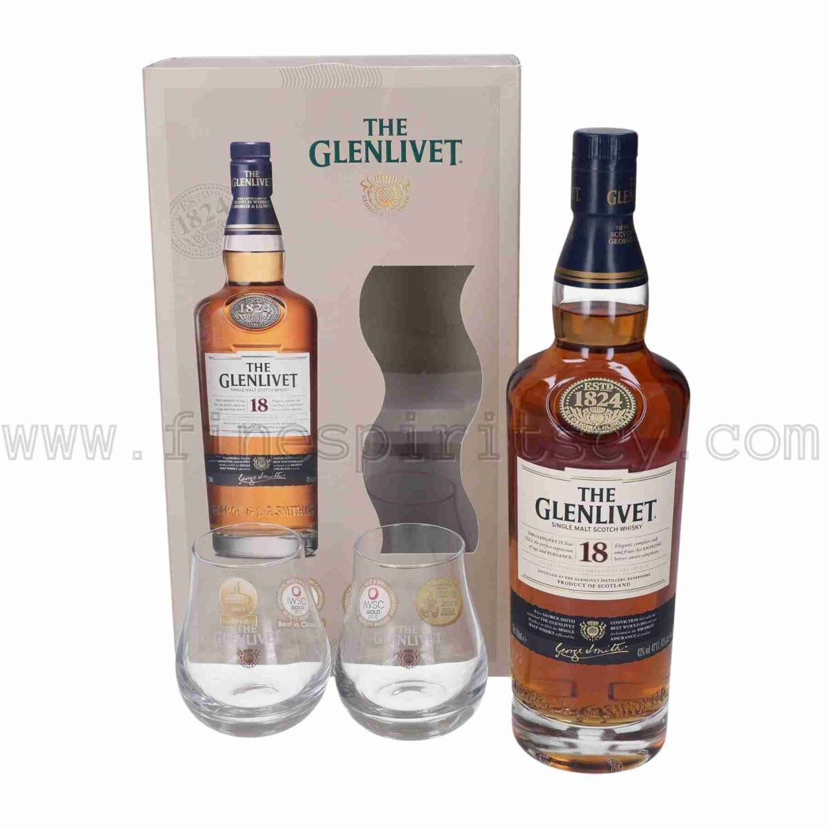 Glenlivet 18 Year Old With 2 Branded glasses Single Malt Scotch 700ml 0.7L 70cl